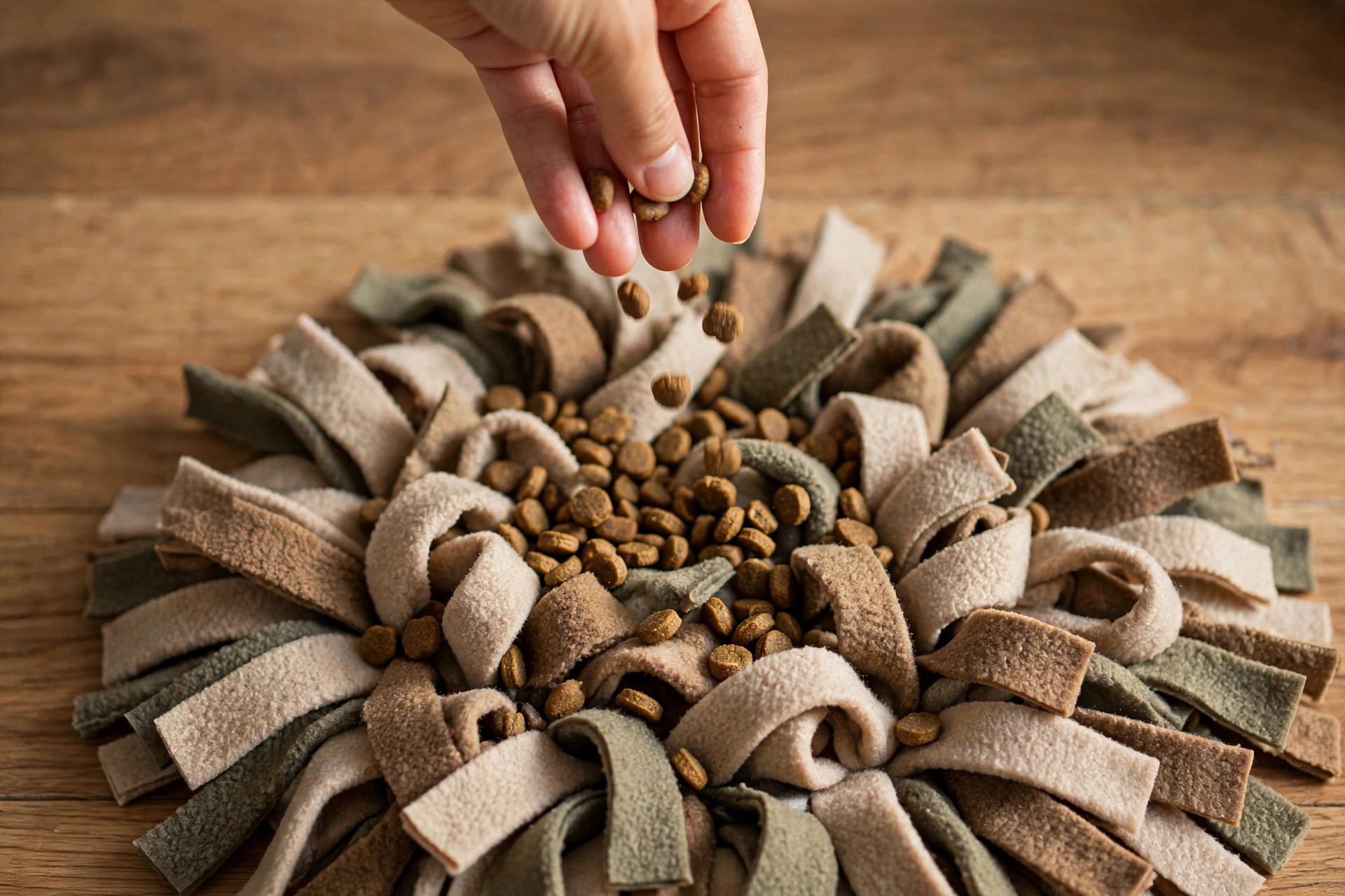 Owner scattering dry kibble into the thick fleece strips of a snuffle mat