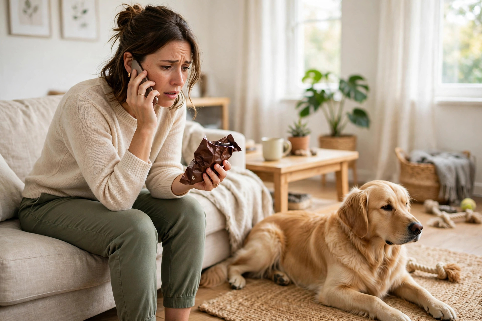 Dog owner calling the veterinarian on the phone while holding a chocolate wrapper, with a calm golden retriever nearby