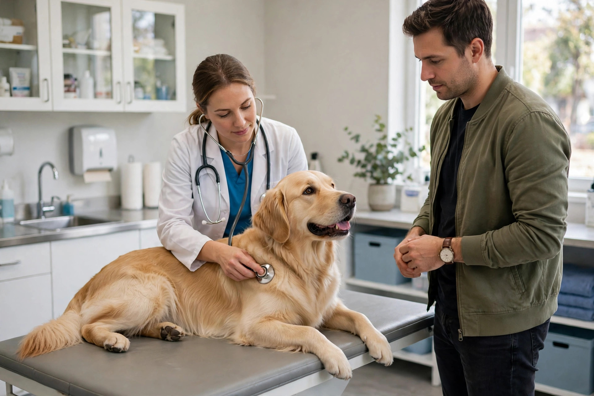 Veterinarian gently examining a calm golden retriever on an examination table in a bright veterinary clinic