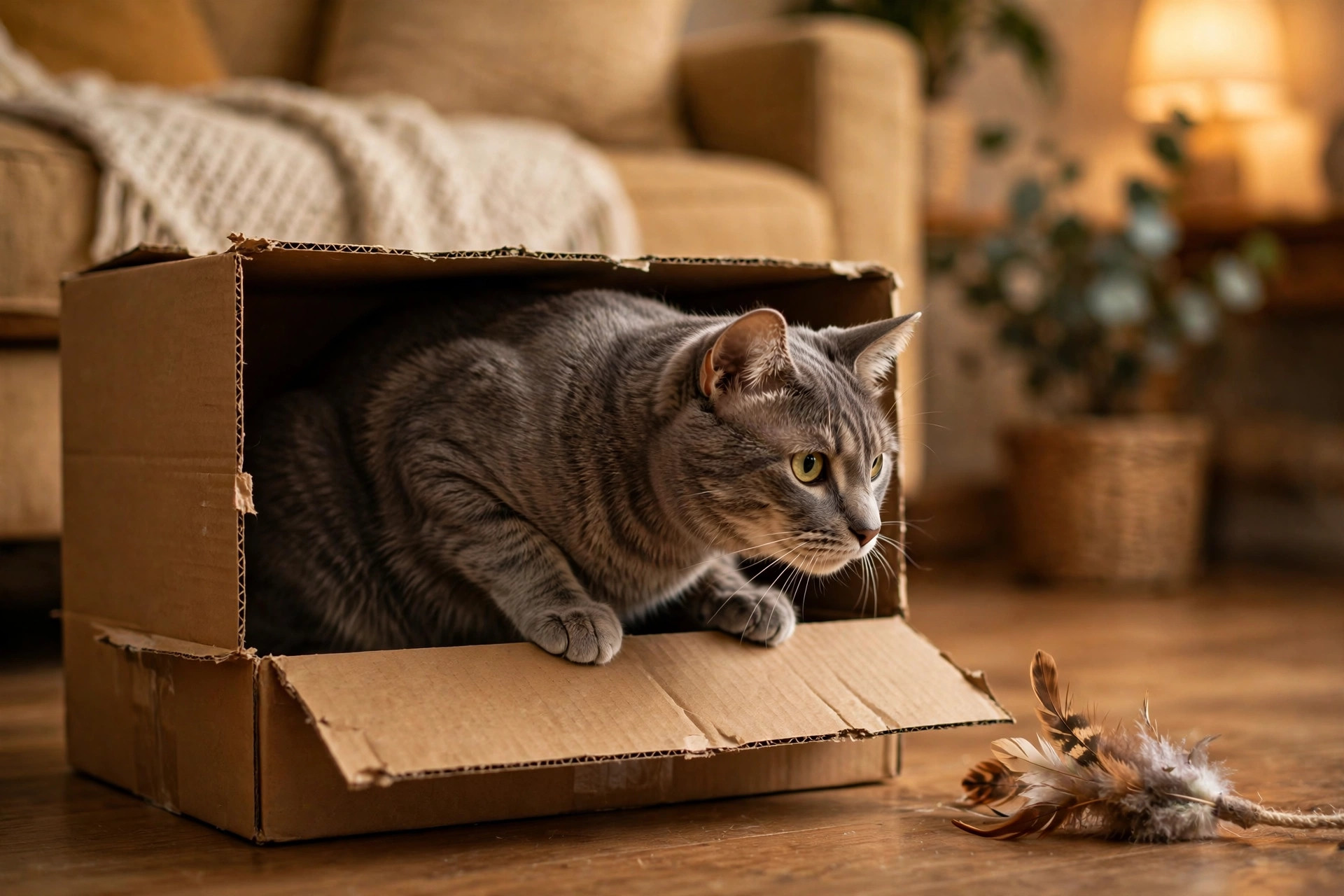 Grey tabby cat crouched in a cardboard box, ready to pounce like an ambush hunter, watching a feather toy