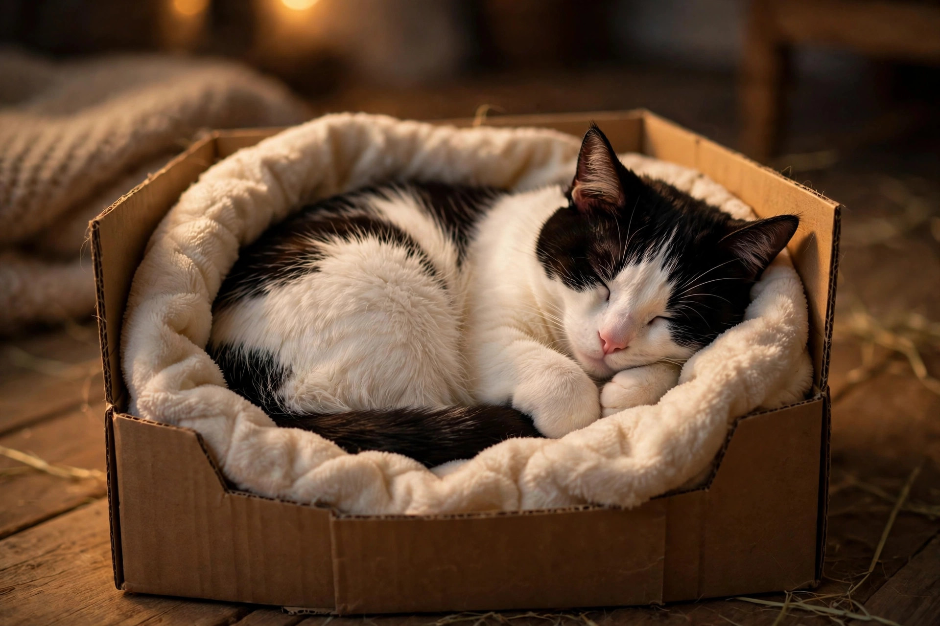 Black and white cat curled up asleep inside a cozy cardboard box lined with a soft white blanket