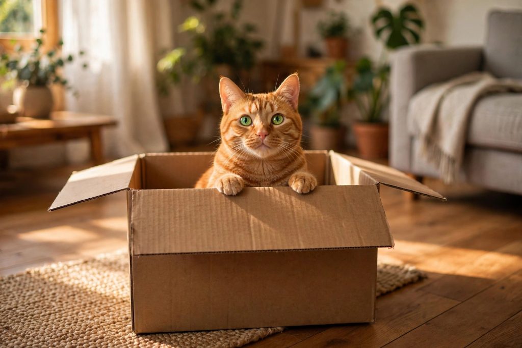 Orange tabby cat sitting inside a cardboard box