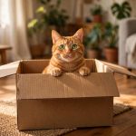 Orange tabby cat sitting inside a cardboard box