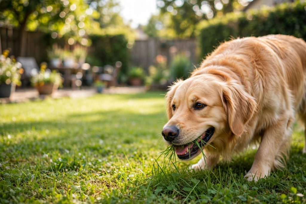 Golden retriever eating fresh green grass on a sunny backyard lawn