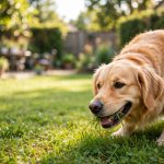 Golden retriever eating fresh green grass on a sunny backyard lawn