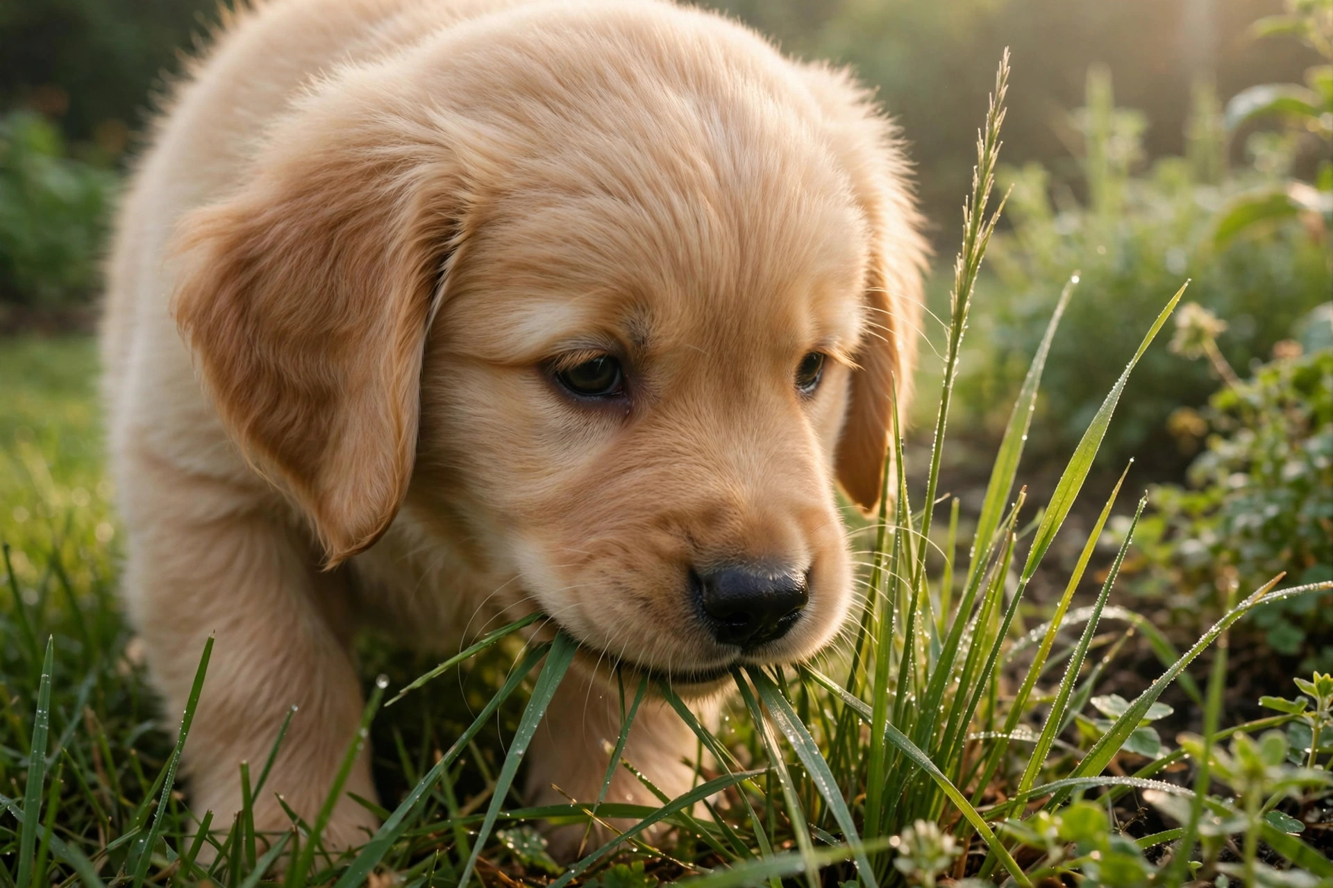 Curious golden retriever puppy sniffing and nibbling tall green grass in a garden