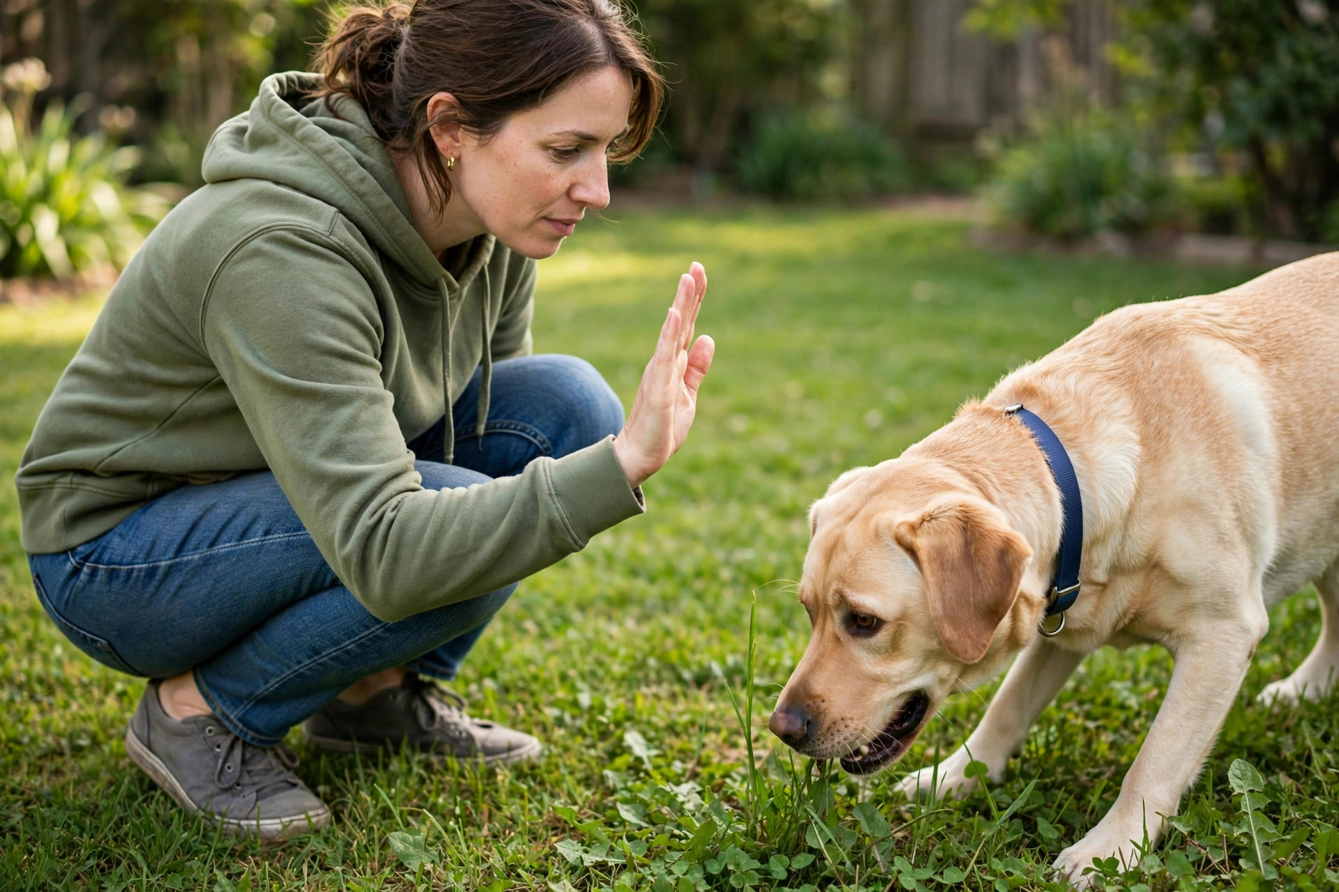 Dog owner crouching on a lawn giving a hand signal to redirect a labrador away from eating grass
