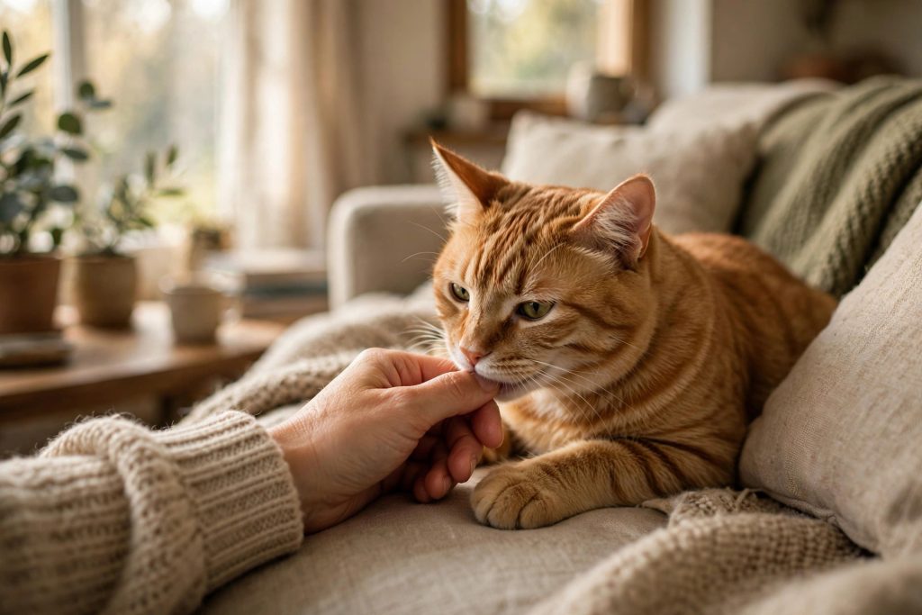Ginger tabby cat gently nibbling its owner's hand in a calm affectionate moment on a couch