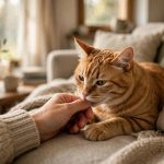Ginger tabby cat gently nibbling its owner's hand in a calm affectionate moment on a couch