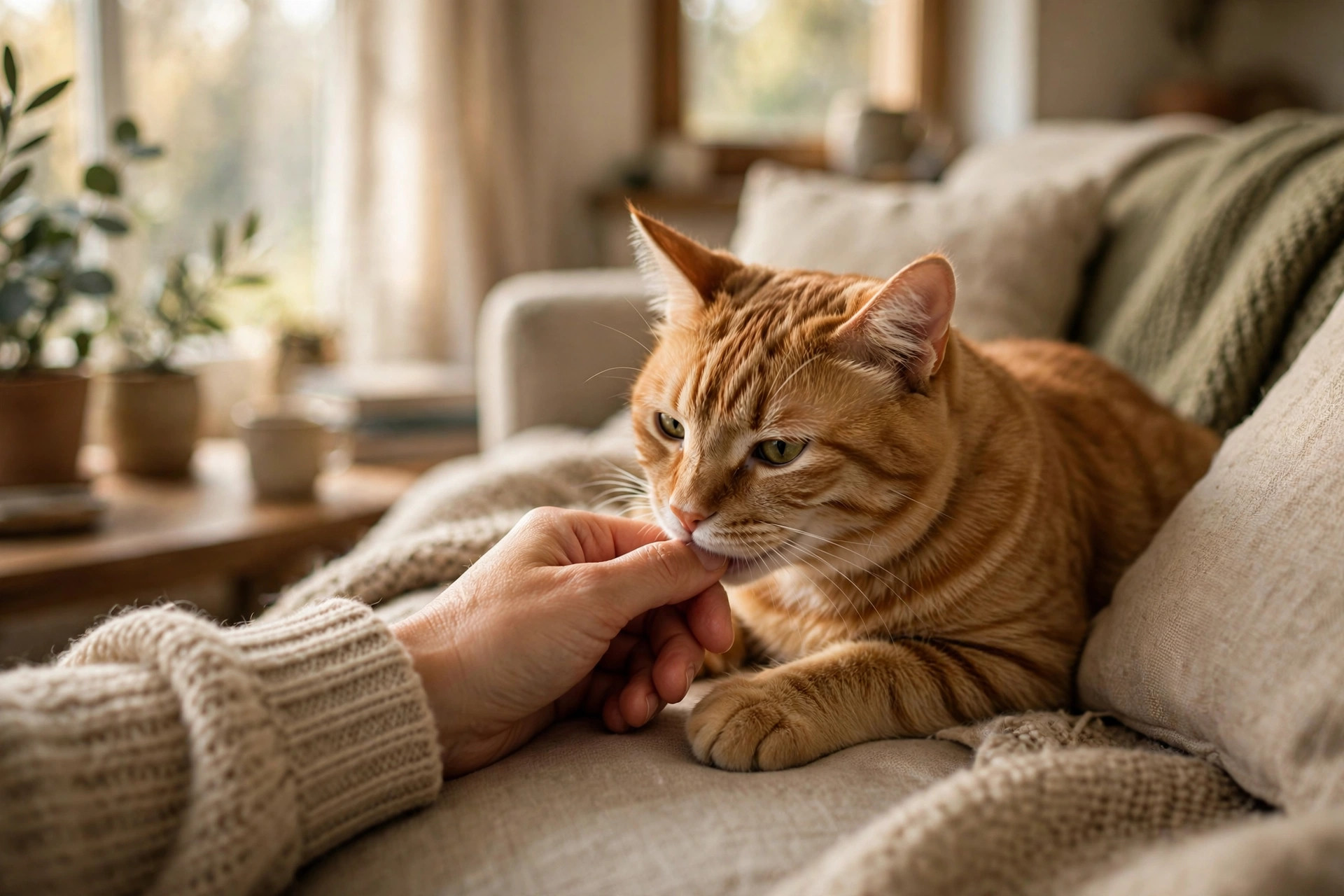 Ginger tabby cat gently nibbling its owner's hand in a calm affectionate moment on a couch