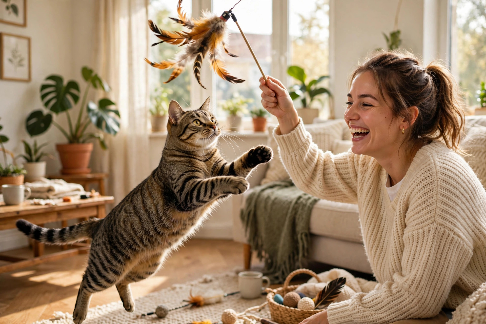 Pet owner redirecting a tabby cat's play biting with a feather wand toy in a sunny living room