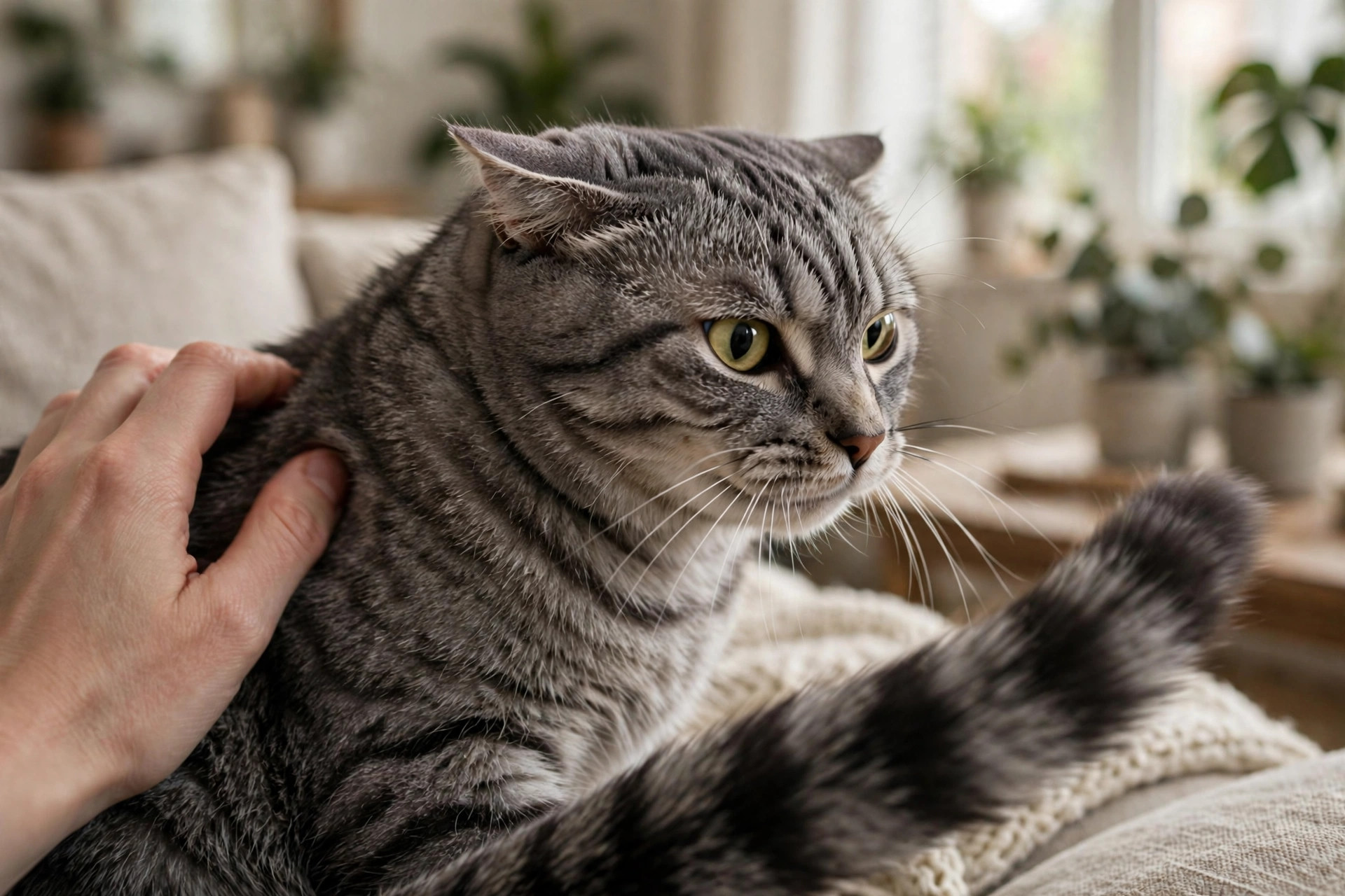 Grey tabby cat showing overstimulation warning signs with lashing tail and flattened ears during petting