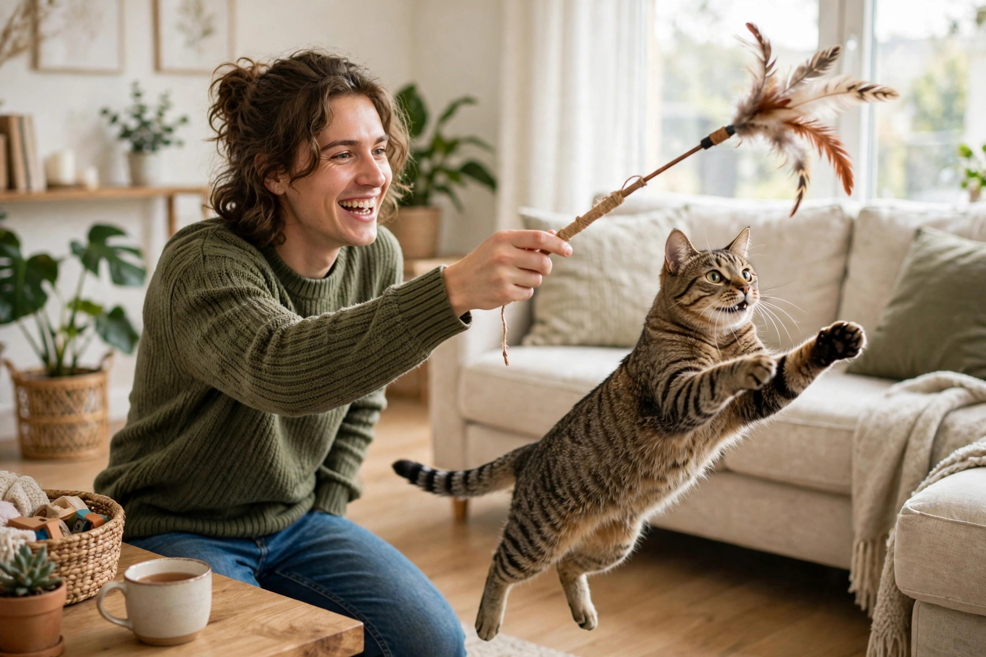Owner playing indoors with a tabby cat using a feather wand toy
