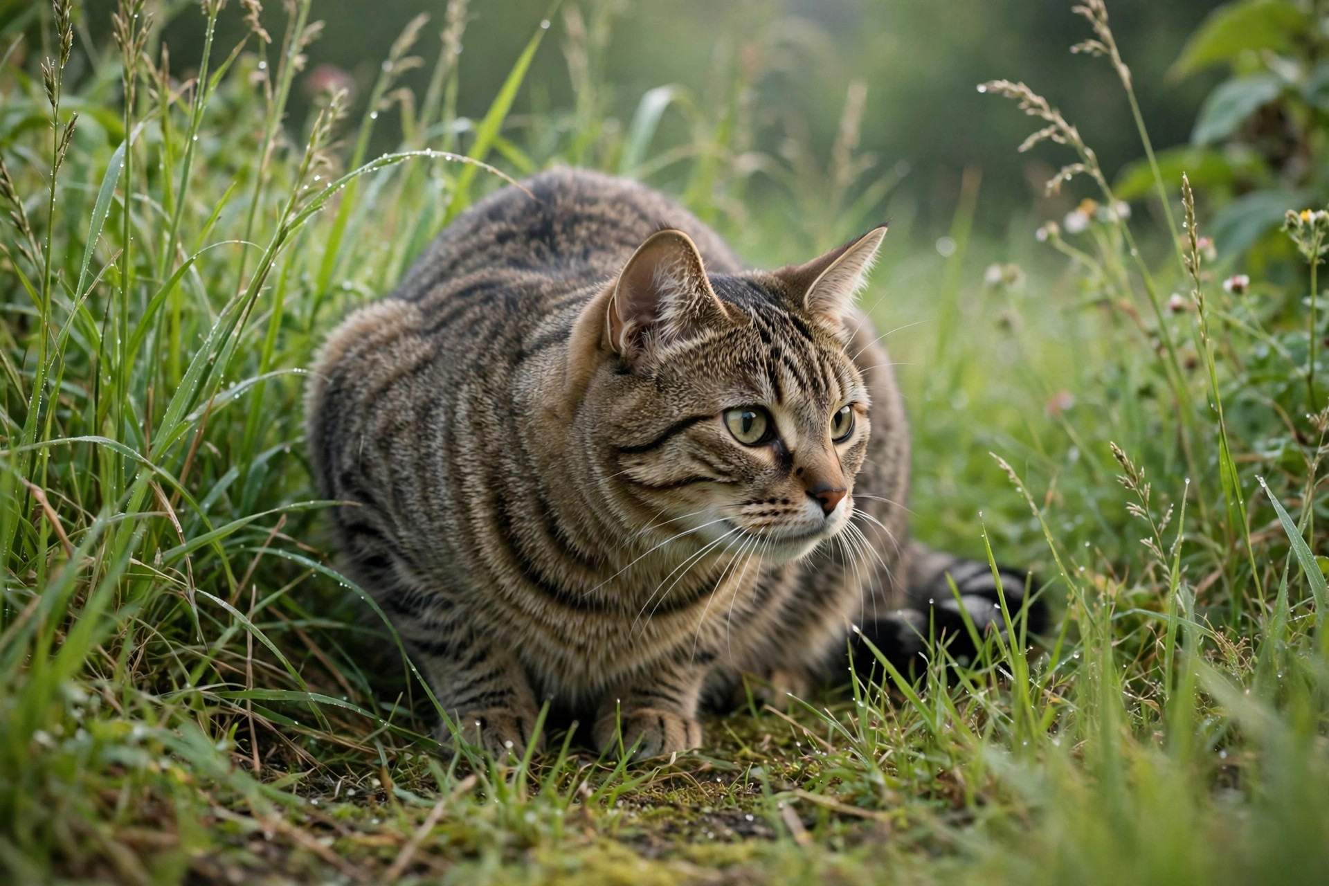Tabby cat crouched low in tall grass in a stalking hunting pose
