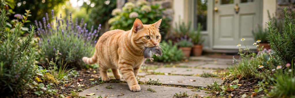 Ginger tabby cat carrying a mouse toward a house door
