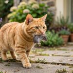 Ginger tabby cat carrying a mouse toward a house door