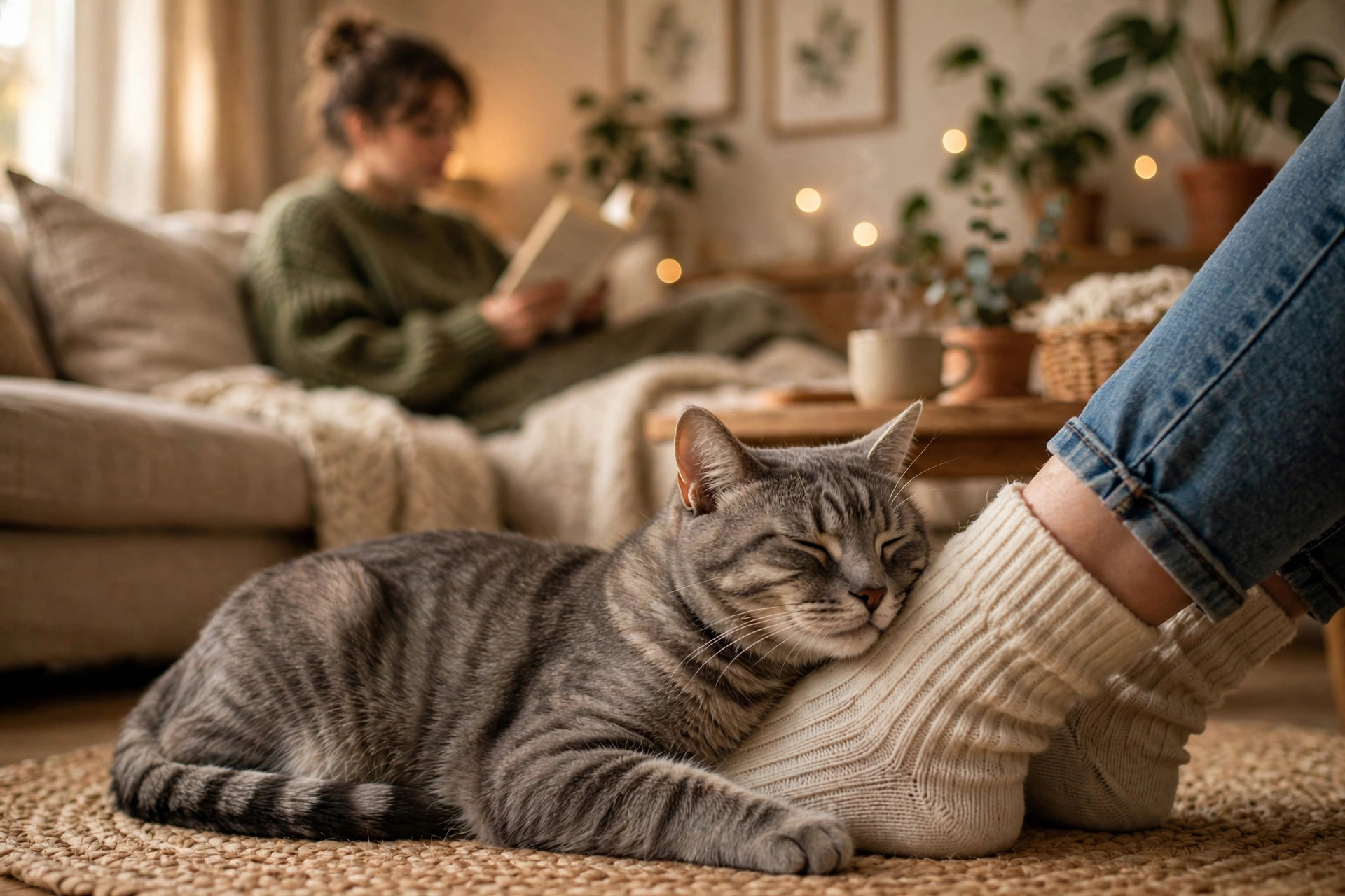 Grey tabby cat resting its head against its owner's ankle in a cozy living room