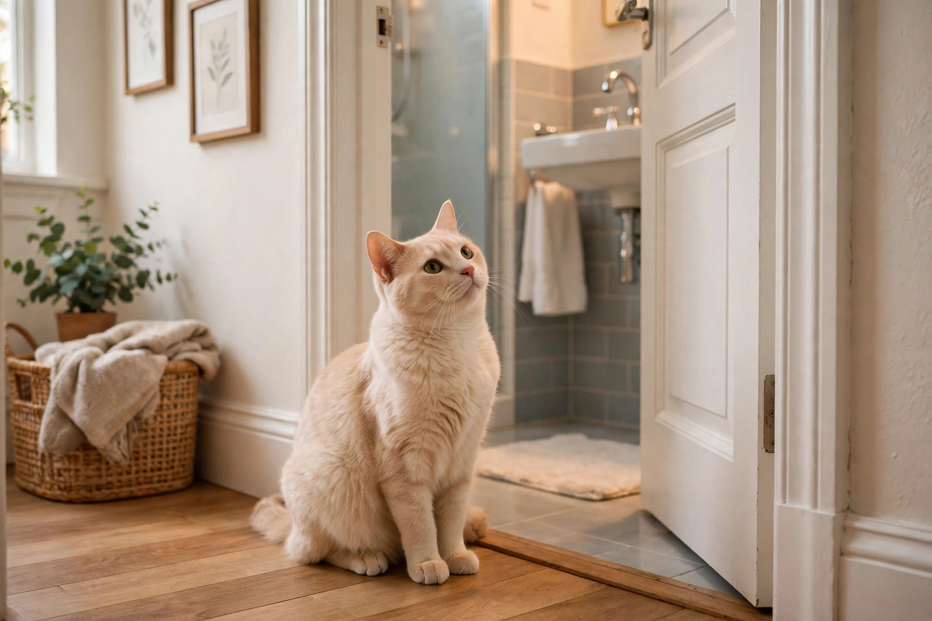 Cream-colored cat waiting patiently outside an open bathroom door for its owner