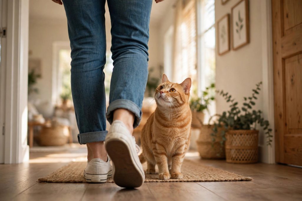 Orange tabby cat following its owner down a sunny home hallway