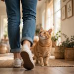 Orange tabby cat following its owner down a sunny home hallway