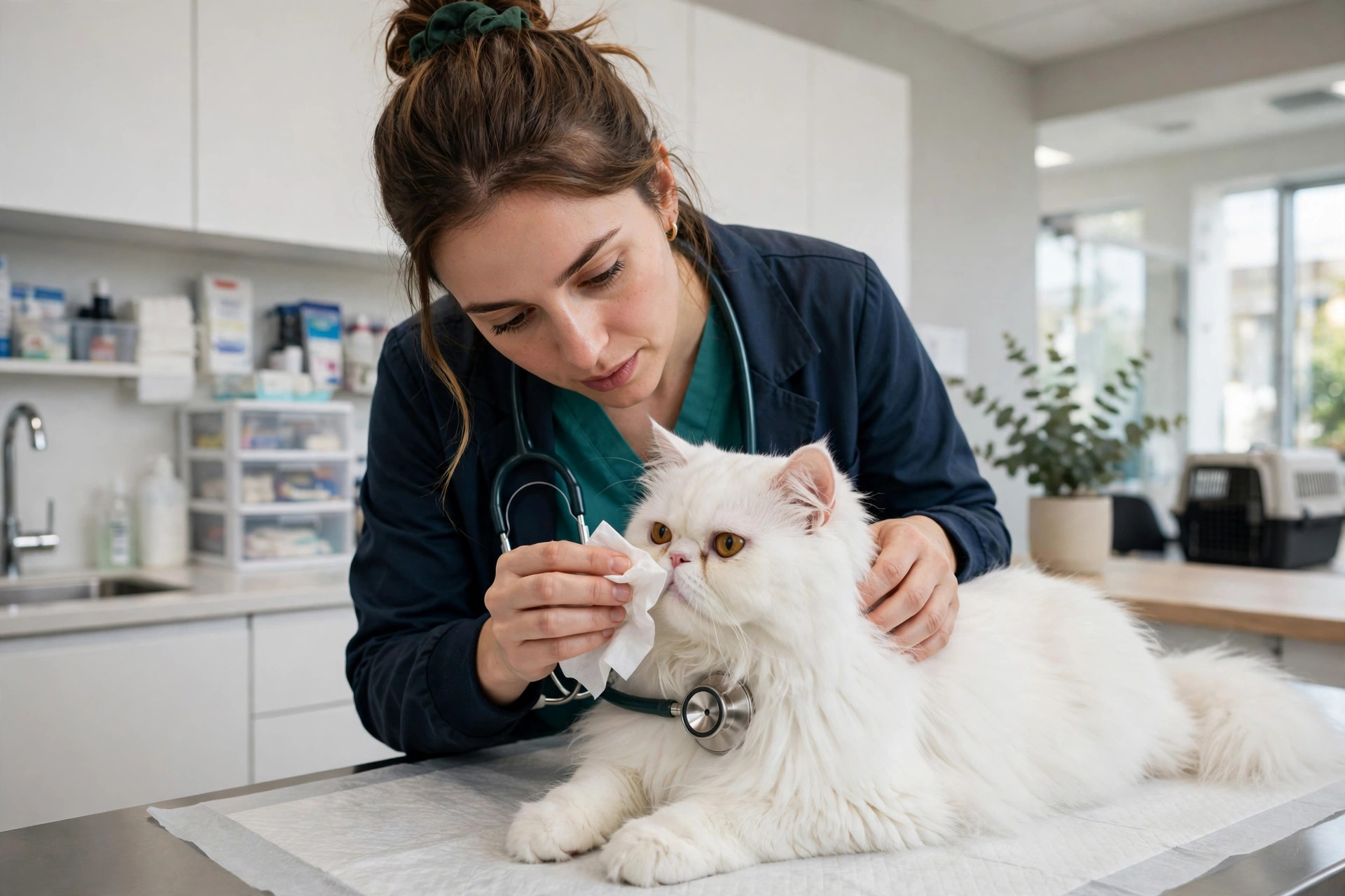 White Persian cat being examined by a veterinarian holding a tissue near the cat's nose