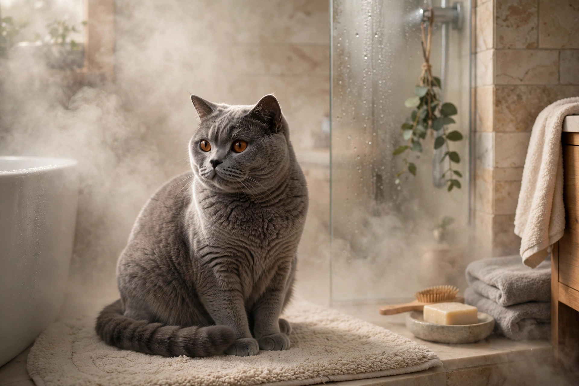 Grey British shorthair cat sitting in a steamy bathroom for congestion relief