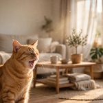 Ginger tabby cat sneezing in a sunny living room, eyes squinted shut