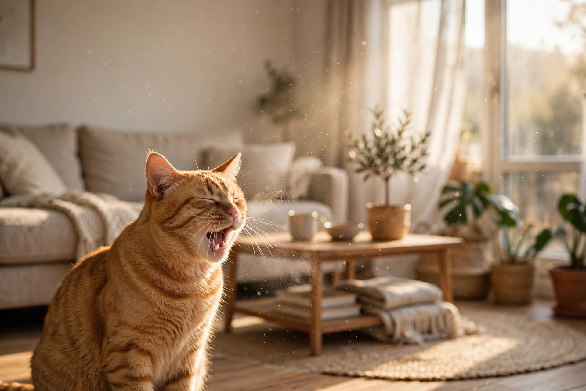 Ginger tabby cat sneezing in a sunny living room, eyes squinted shut