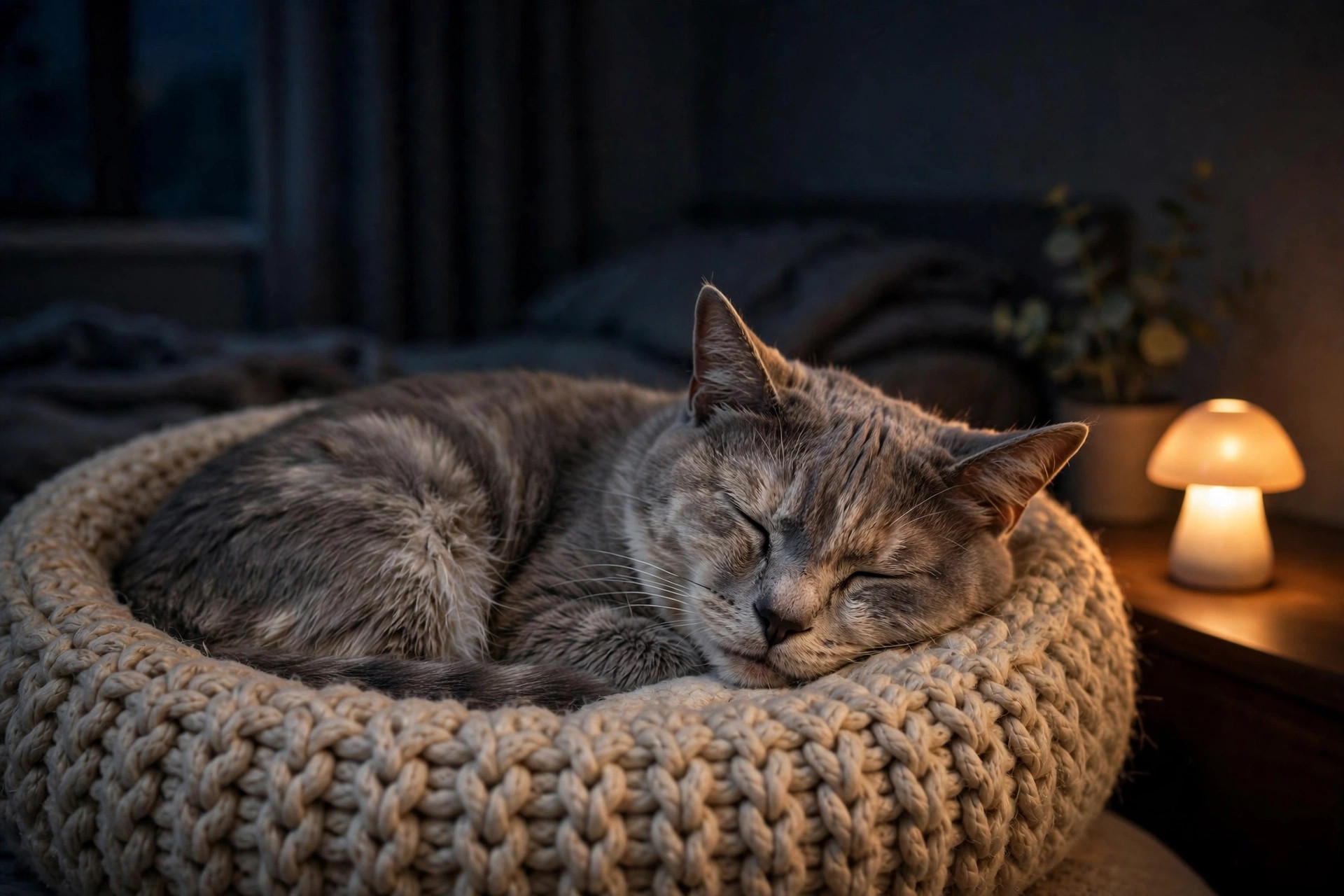 Senior cat resting on a cozy bed at night with a warm night light glowing nearby