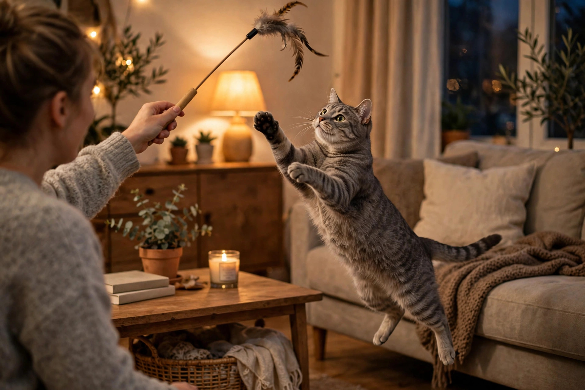Owner playing with a tabby cat using a feather wand toy in the evening to tire it out before bedtime
