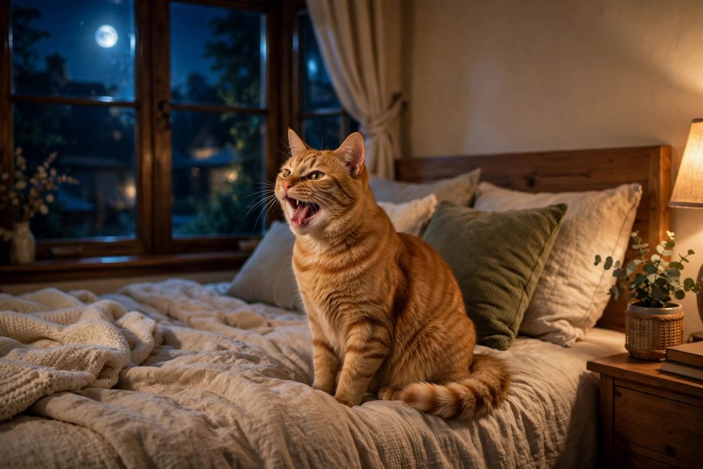 Orange tabby cat meowing at night on a bed with moonlight glowing through the bedroom window