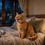 Orange tabby cat meowing at night on a bed with moonlight glowing through the bedroom window