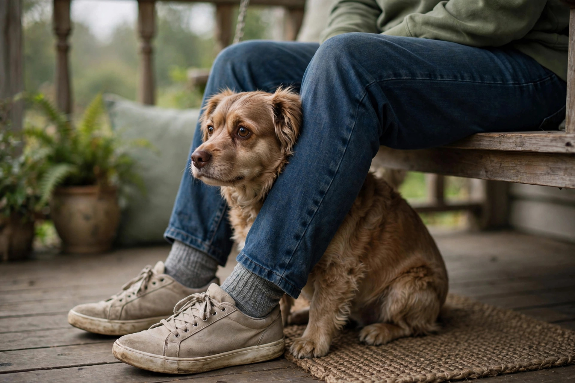 Dog pressing its body against its owner's legs on a porch, seeking comfort during an anxious moment