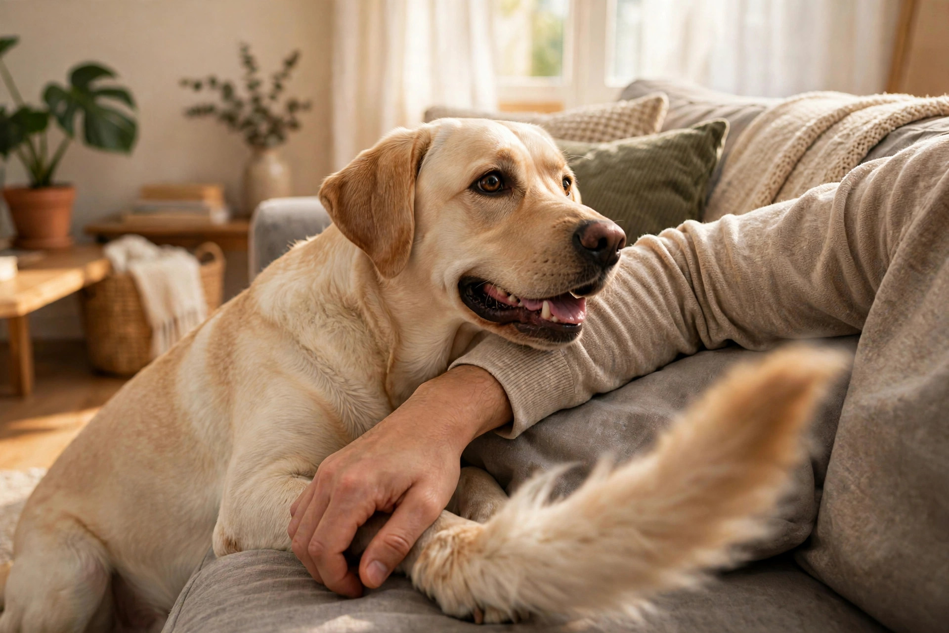 Playful Labrador retriever leaning against its owner's arm on a couch asking for attention