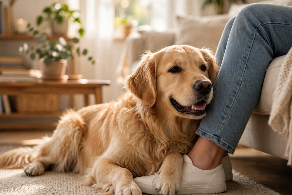 Golden retriever leaning its body gently against its owner's leg in a sunny living room