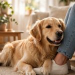 Golden retriever leaning its body gently against its owner's leg in a sunny living room