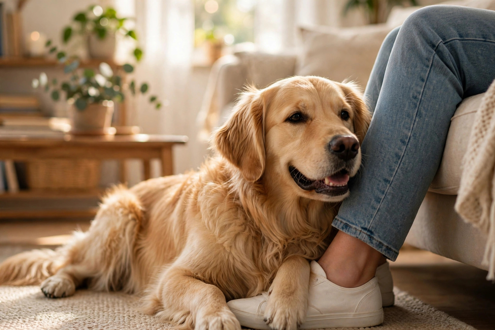 Golden retriever leaning its body gently against its owner's leg in a sunny living room