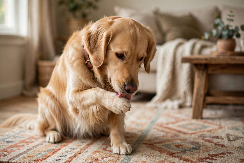 Golden retriever dog licking its front paw while sitting on a living room rug