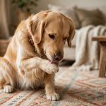 Golden retriever dog licking its front paw while sitting on a living room rug