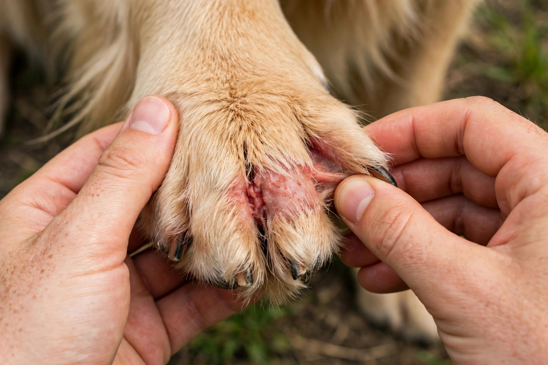 Owner's hands gently parting a dog's toes to check for red irritated skin between the toes