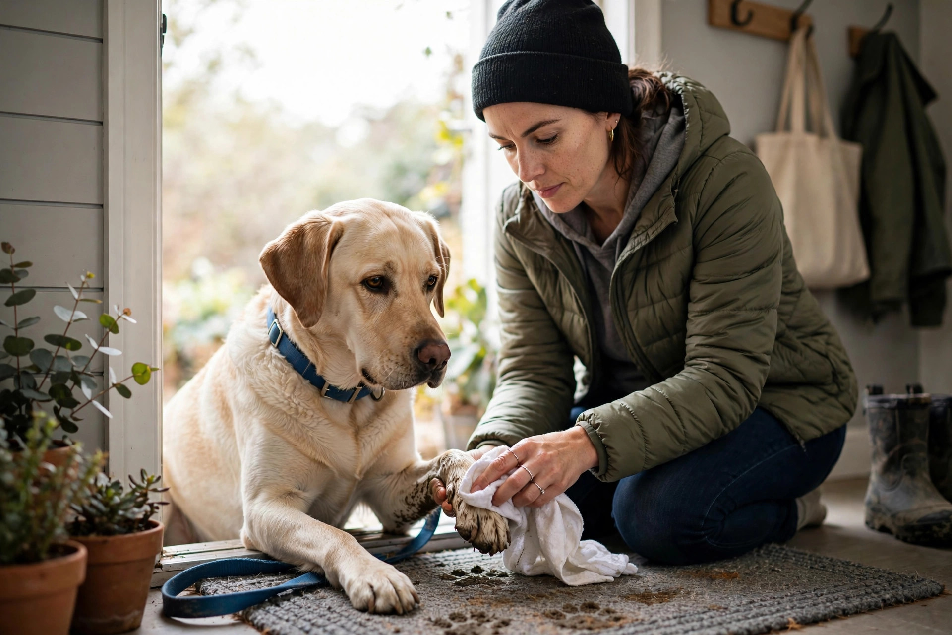 Owner wiping a labrador dog's paw with a damp white cloth at the front door after a walk