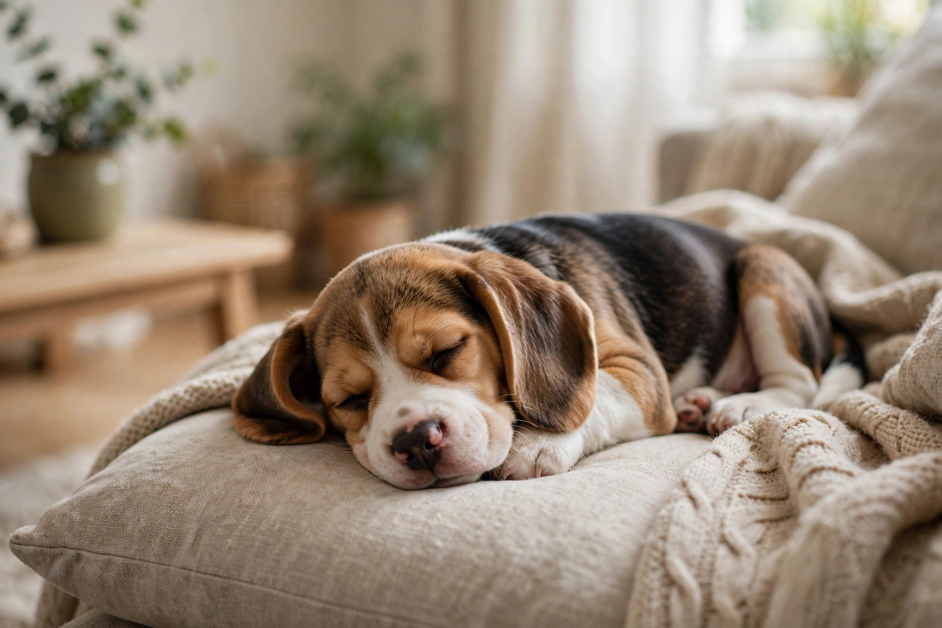 Beagle puppy sleeping deeply on a couch cushion during normal daytime dog sleep