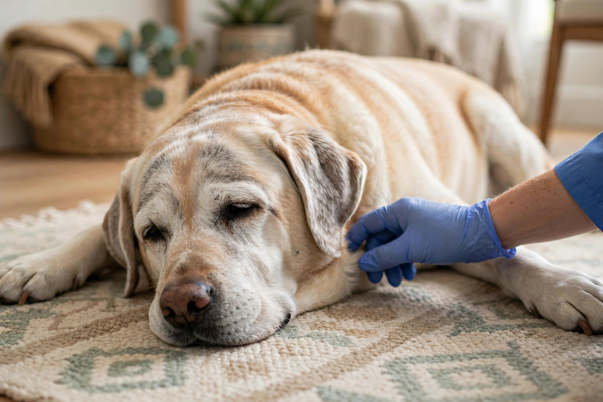 Veterinarian gently examining a senior labrador dog that has been sleeping more than usual