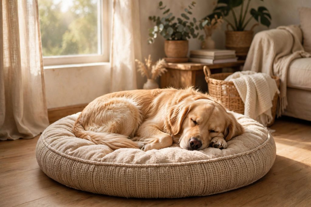 Golden retriever dog sleeping peacefully curled up on a cozy dog bed in a sunny living room