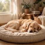 Golden retriever dog sleeping peacefully curled up on a cozy dog bed in a sunny living room
