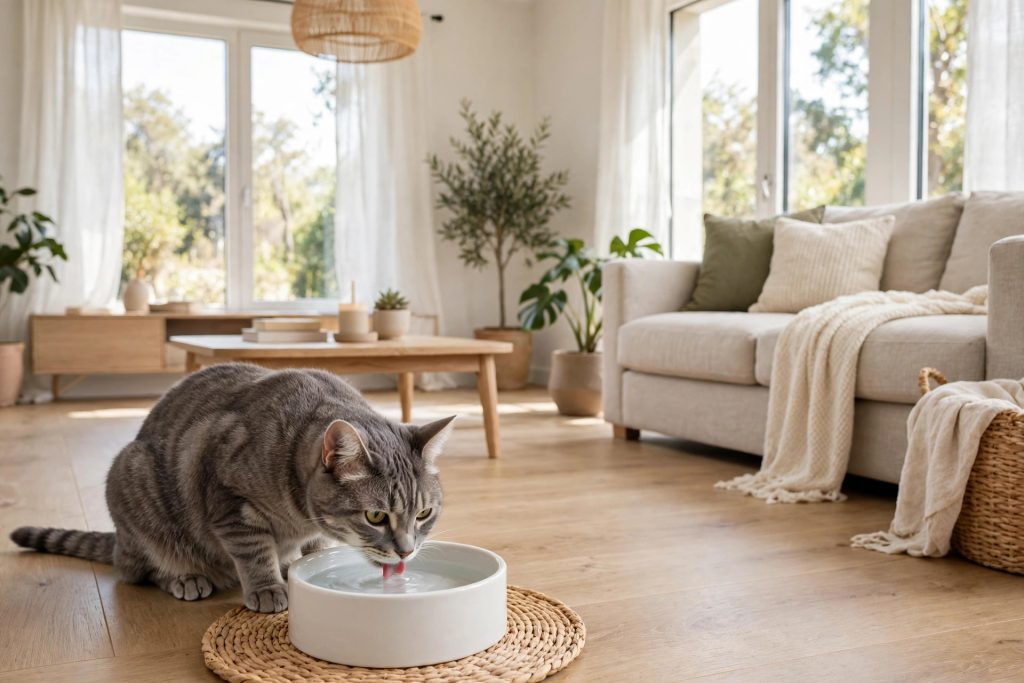 Grey tabby cat drinking from a ceramic water bowl in a bright living room
