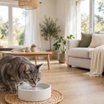 Grey tabby cat drinking from a ceramic water bowl in a bright living room