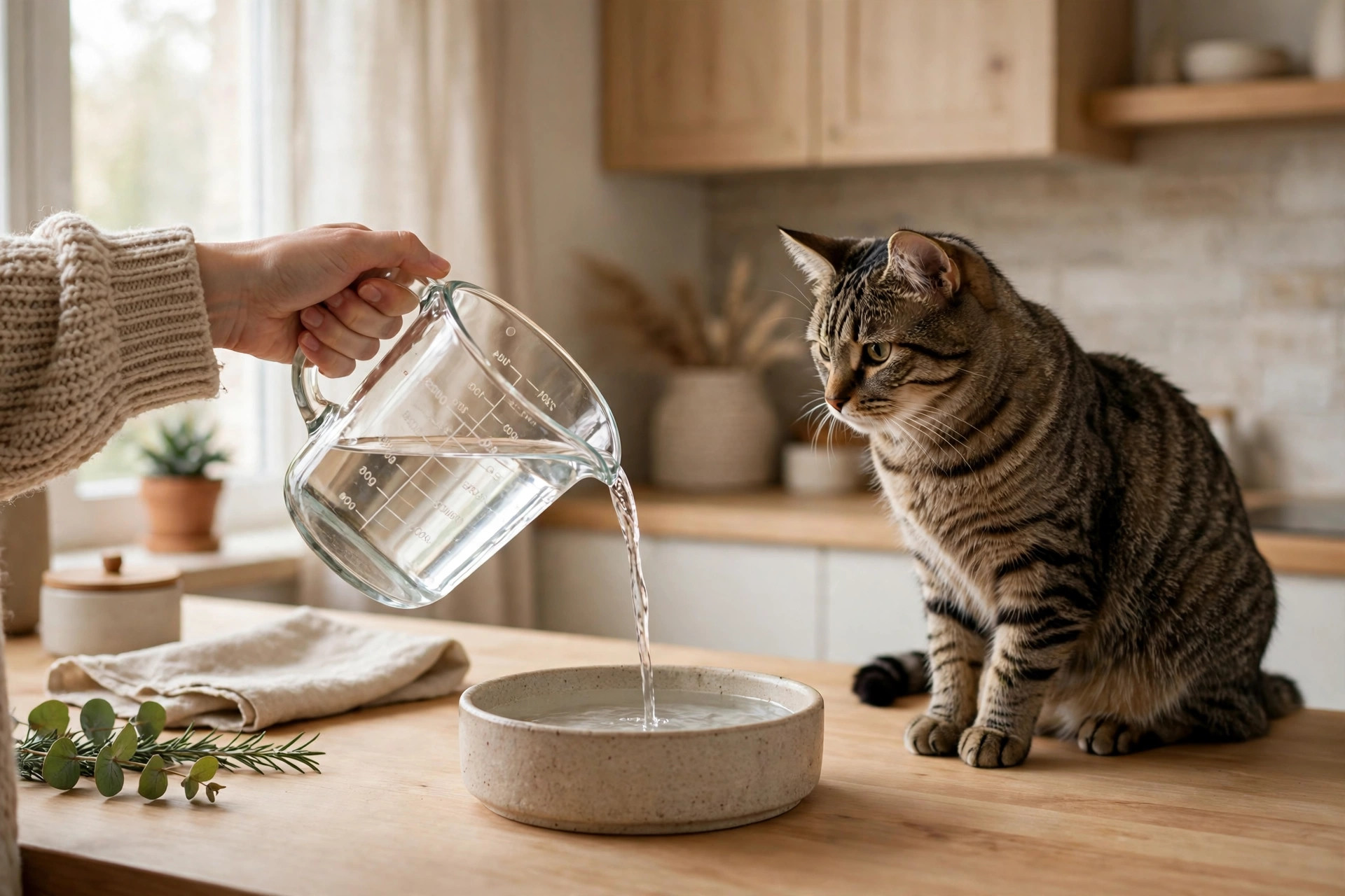 Person pouring measured fresh water into a cat bowl while a tabby cat watches