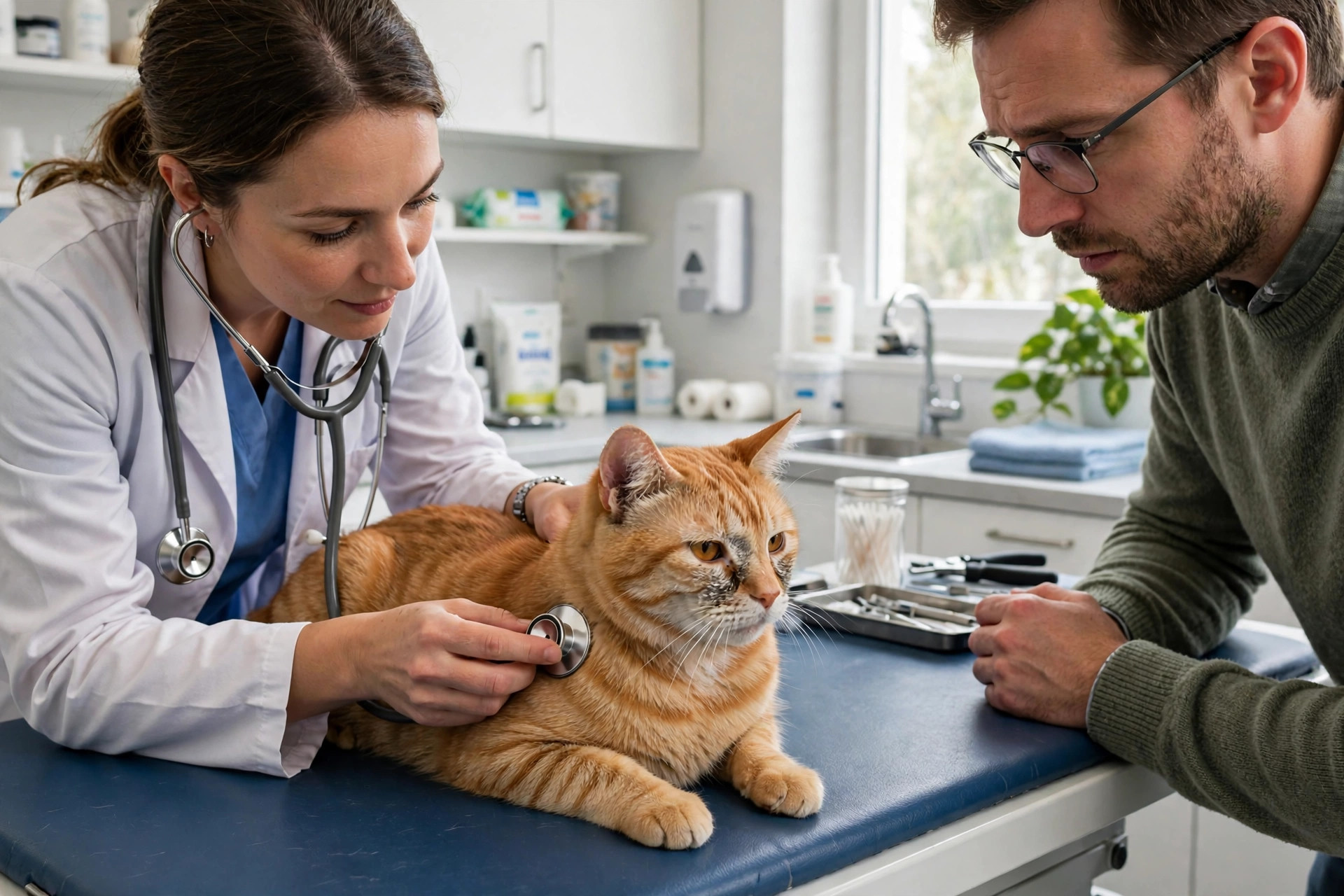 Veterinarian examining an orange tabby cat on an examination table while the owner watches