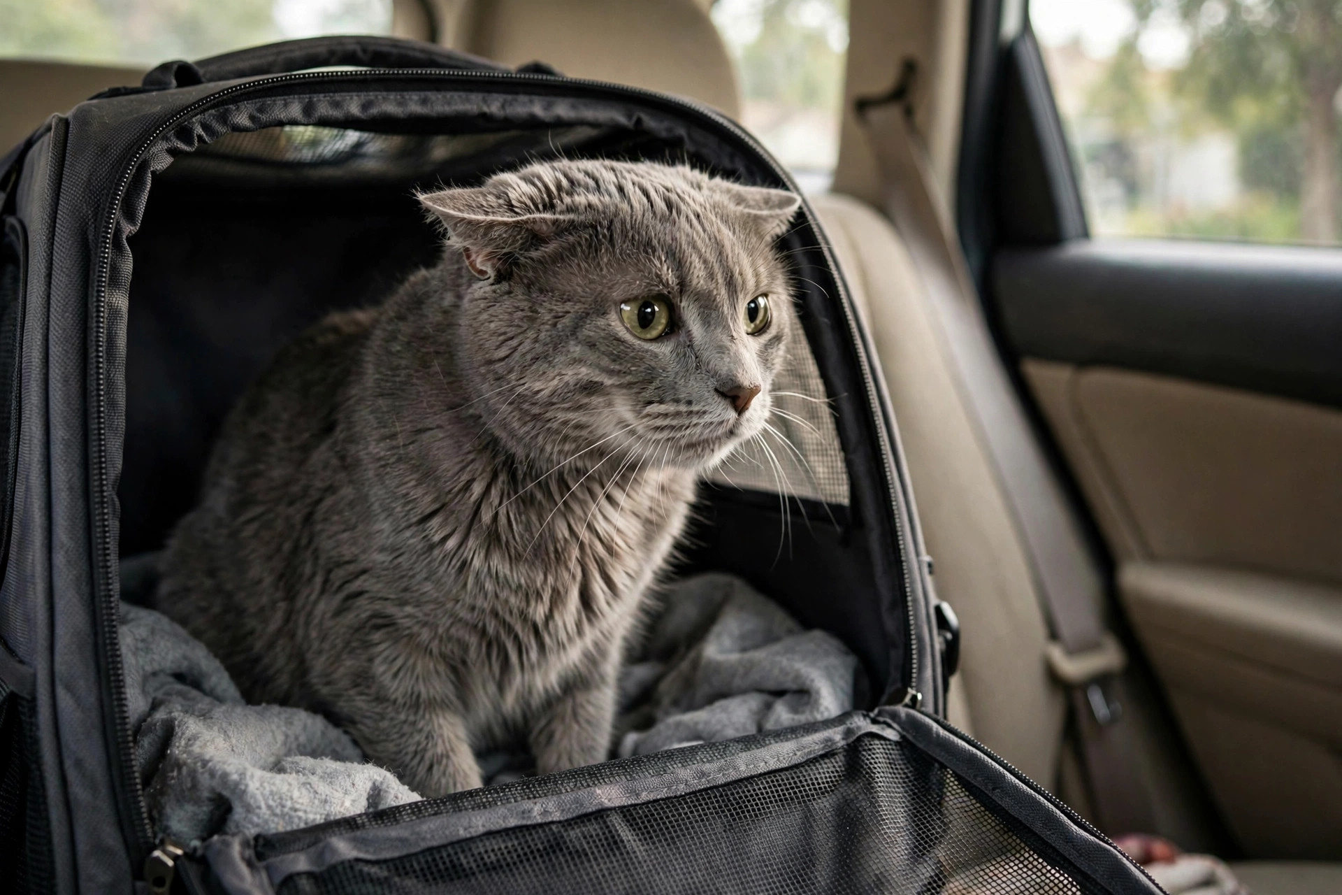 Anxious grey cat with wide eyes sitting in an open pet carrier on the back seat of a car